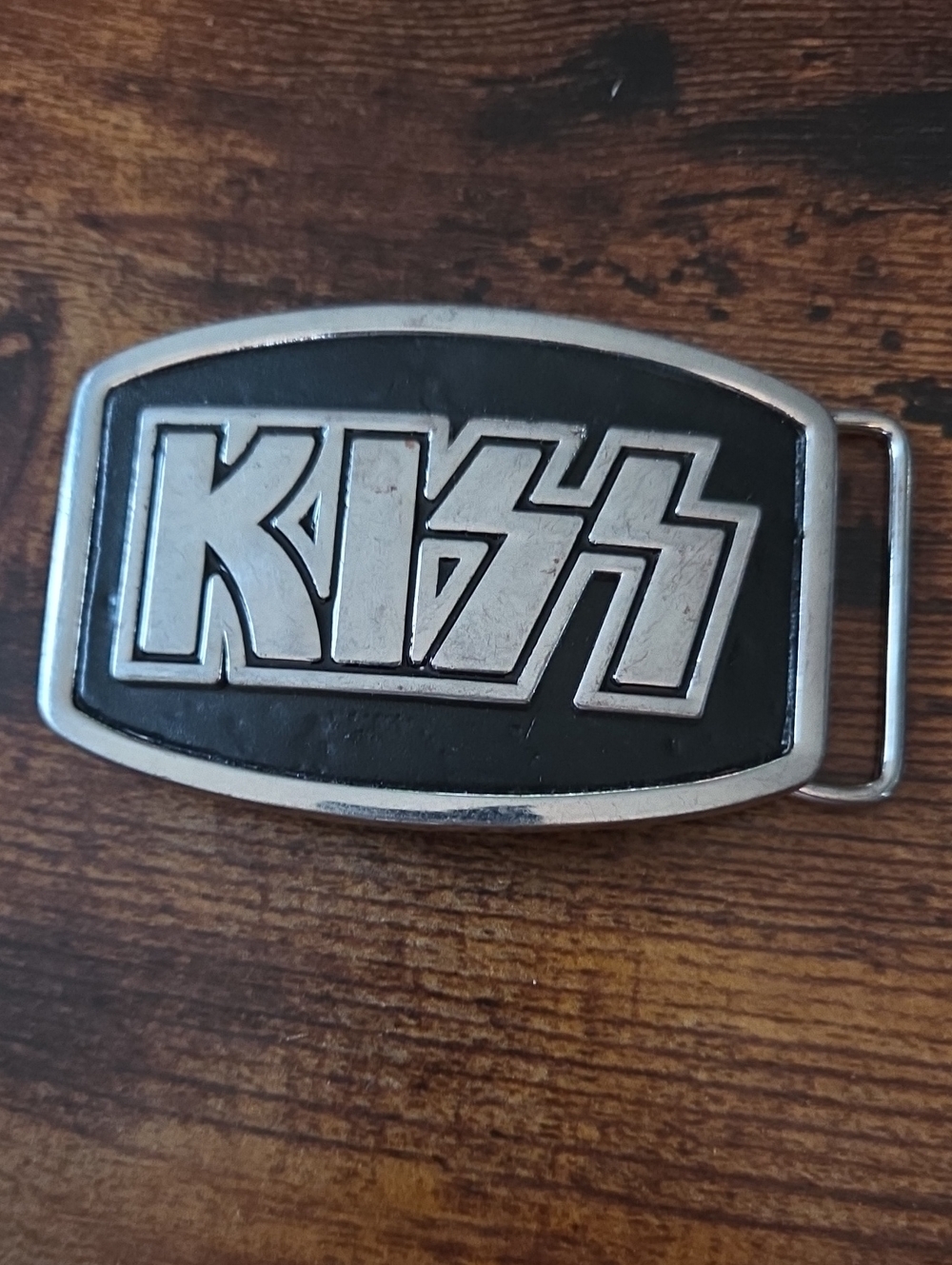 vintage-style KISS Belt Buckle featuring the iconic raised silver band logo